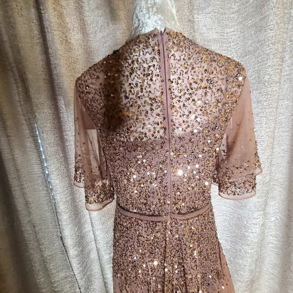 Mac‎ Duggal 93655 Rosewood Cape Sleeve Beaded Tea Length A-Line Midi Dress Sz 10 - Picture 8 of 11